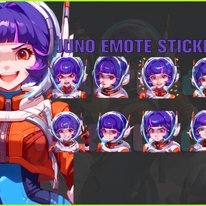 Puede incluir: Un paquete de pegatinas con un personaje de dibujos animados con cabello morado y un traje espacial blanco y naranja. El personaje tiene diferentes expresiones, incluyendo feliz, sorprendido y enojado. El texto "JUNO EMOTE STICKER PACK" está en la parte superior de la imagen.