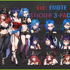 LoL 3-Pack, Ahri, Miss Fortune, Jinx, Twitch, Discord, Youtube, YT, Stream Emote Emoji Sticker Pack! 256px & 112px (Bundle of 30 Stickers!)