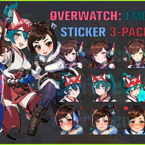 Peut inclure: Un ensemble de trois autocollants d'émotes Overwatch représentant D.Va dans différentes poses et expressions. Les autocollants sont de style cartoon et présentent des couleurs vives.