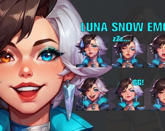 May include: A sticker pack featuring a cartoon character with blue and white hair, wearing a blue and black outfit. The character has different expressions, including sleeping, surprised, and excited. The text "LUNA SNOW EMOTE STICKER PACK" is at the top of the image.