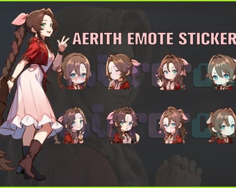 Op de afbeelding: Een stickerpakket met verschillende geanimeerde expressies van een jonge vrouw met bruin haar en blauwe ogen. De tekst "AERITH EMOTE STICKER PACK" staat bovenaan de afbeelding.