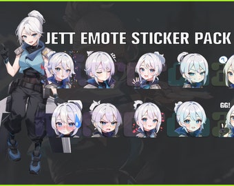 Jett Valorant, Twitch, Discord, Youtube, YT, Pack d'autocollants Emoji Stream Emote ! 256px et 112px (Lot de 10 autocollants !) Jeu vidéo Chibi !