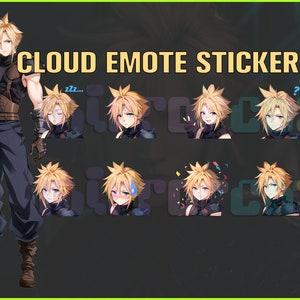 May include: A sticker pack featuring a variety of Cloud Strife emotes from the Final Fantasy VII video game. The emotes include Cloud with different expressions, such as sleeping, surprised, and angry. The text "CLOUD EMOTE STICKER PACK" is displayed at the top of the image.