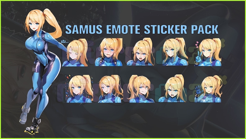 Peut inclure: Un pack d'autocollants repr&eacute;sentant un personnage de dessin anim&eacute; avec des cheveux blonds et des yeux bleus. Le personnage porte une combinaison bleue et noire. Le pack d'autocollants est intitul&eacute; "Samus Emote Sticker Pack".