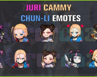 SF6 3-Pack Juri/Cammy/Chun Li, Twitch, Discord, Youtube, YT, Stream Emote Emoji Sticker Pack! 256px and 112px (Bundle of 30 Stickers!) Chibi