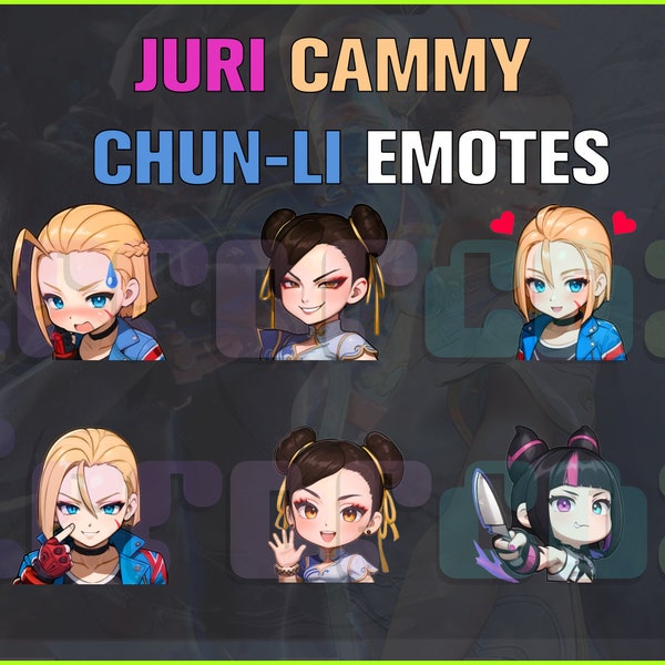 SF6 3-Pack Juri/Cammy/Chun Li, Twitch, Discord, Youtube, YT, Stream Emote Emoji Sticker Pack! 256px and 112px (Bundle of 30 Stickers!) Chibi