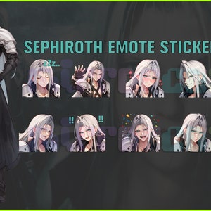 May include: A sticker pack featuring various expressions of the character Sephiroth from the Final Fantasy video game series. The stickers include Sephiroth with different facial expressions, including a sleeping expression, a surprised expression, and a winking expression. The text "SEPHIROTH EMOTE STICKER PACK" is displayed at the top of the image.