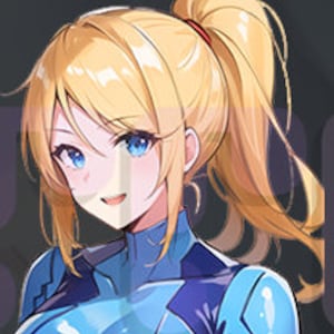 Peut inclure: Une femme aux longs cheveux blonds attach&eacute;s en queue de cheval portant une combinaison spatiale bleue et violette sur un fond bleu.