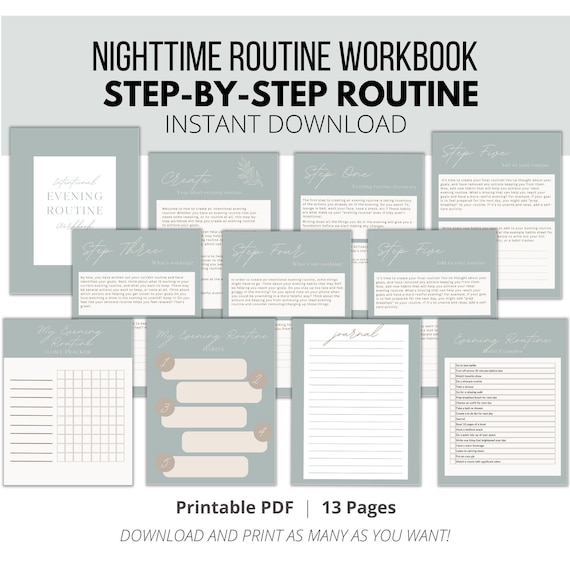 Nighttime Routine Planner Printable PDF, How to plan your ideal night routine, workbook, Step-by-step evening routine, habit tracker