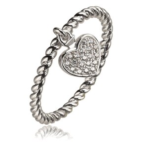 May include: A silver ring with a twisted band and a dangling heart charm. The heart is covered in small, clear stones.