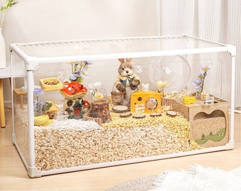 The Hamster Modern Viewing Cage, Small Animal Hutch Living House with Openable Front Door for golden bear, hedgehog, frog, gecko