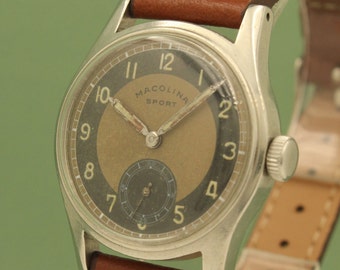 Macolina orologio da polso da uomo militare con quadrante dorato bicolore, fabbricazione svizzera, epoca della seconda guerra mondiale