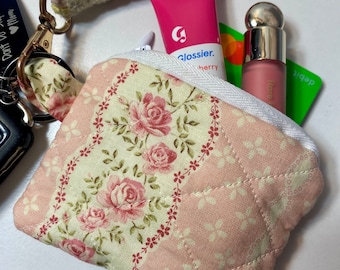 pink & off-white striped floral handmade keychain wallet / airpods case / makeup pouch / card holder /coin purse bag / quilted wallet