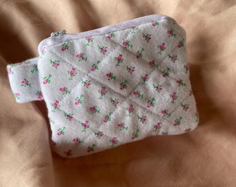 handmade pink rose buds on white keychain wallet / airpods case / makeup pouch / card holder /coin purse bag