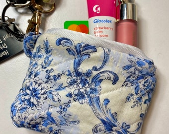 antique blue floral handmade keychain wallet / airpods case / makeup pouch / card holder /coin purse bag