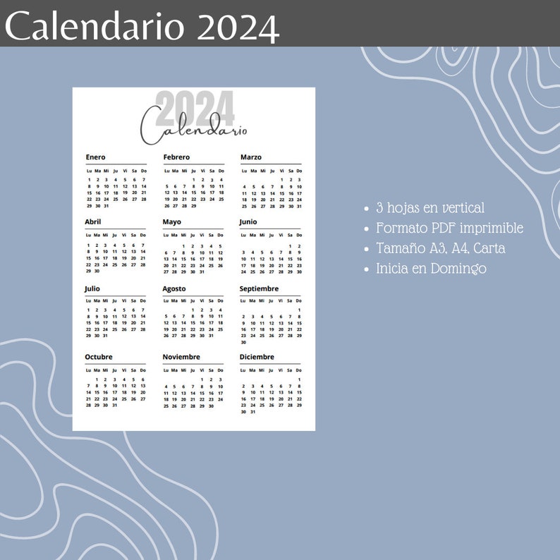 Vertical Annual Calendar 2024 Printable Minimalist Pdf Etsy