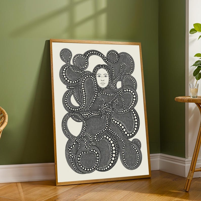 Yayoi Kusama – Black and White Polka Dot Octopus Dotwork Art Poster for ...