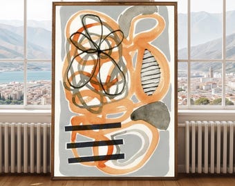 オレンジとグレーの抽象アート モダンでカラフルな黒、白、オレンジの