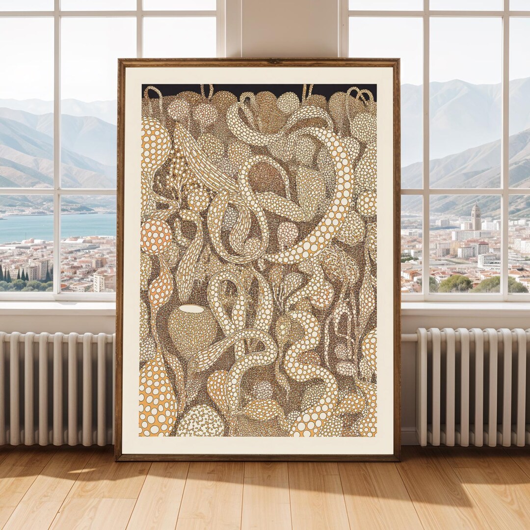 Yayoi Kusama Phantasmic Dot Vines Print – Cream and Taupe and Brown and ...