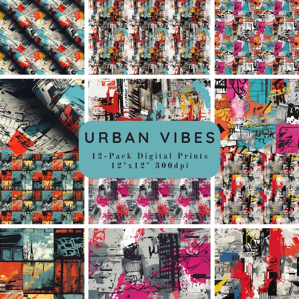 Urban Vibe (paquete de 12) - Papel de álbum de recortes con tema de graffiti urbano - Papel de diario, papel imprimible, fondos de papel de álbum de recortes de papel digital, PNG