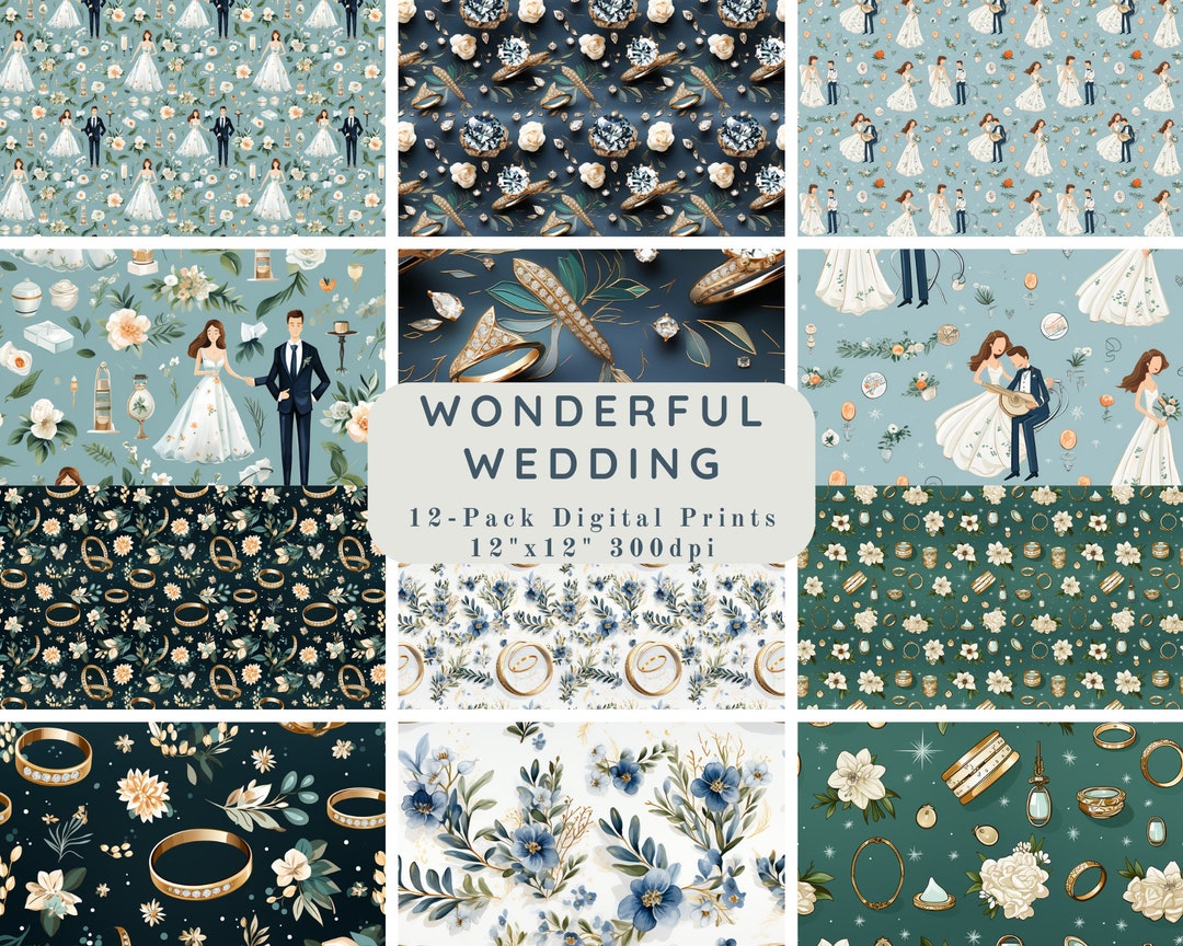Wonderful Wedding 12 Pack Wedding Themed Scrapbook Paper Journal Paper, Printable Paper, Digital