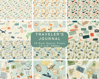 Traveler's Journal (12 pack) - Travel Themed Scrapbook Paper - Journal Paper, Printable Paper, Digital Paper-Scrapbook Paper Backgrounds,PNG