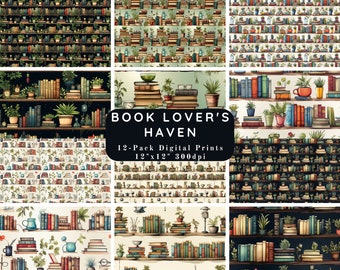 Book Lover's Haven (12 pack) - Book Themed Scrapbook Paper - Journal Paper, Printable Paper, Digital Paper-Scrapbook Paper Backgrounds, PNG