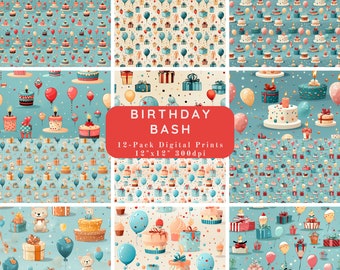 Birthday Bash (12 pack) - Birthday Themed Scrapbook Paper - Journal Paper, Printable Paper, Digital Paper-Scrapbook Paper Backgrounds, PNG