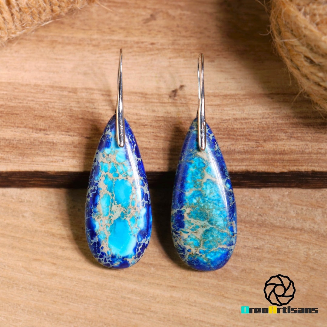 Natural Blue Gemstone Dangle Earrings, Deep Blue Jasper Earrings