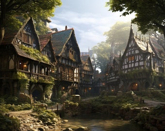 Fantasy Forest Village Print - Tranquil Streamside Hamlet Art - Perfect for Fantasy Lovers and Peaceful Home Decor