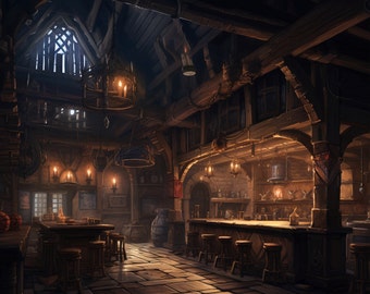The Wyvern&#39;s Whisper Fantasy Tavern, interior dnd, rpg, empty, print