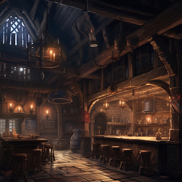 The Wyvern's Whisper Fantasy Tavern, interior dnd, rpg, empty, print