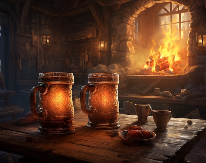 Featured listing image: Fantasy Tavern Scene Print - Rustic Ale Mugs by Warm Hearth Fire - Perfect for Home Bar Decor or Gift for Fantasy Lovers