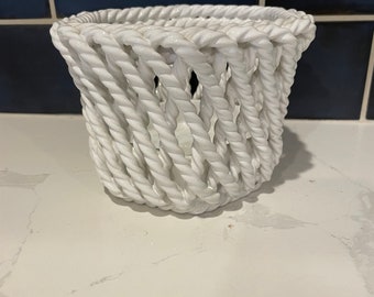 Ceramic Rope Planter Pot Vintage Italian Porcelain Hexagonal Cachepot | 1950s Mid Century Woven Rope Ceramic