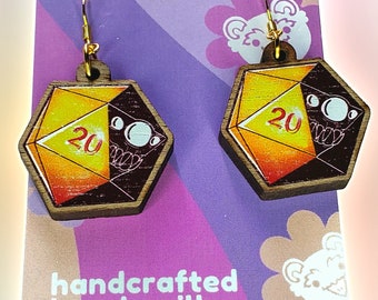 D&D Dice Earrings - **NOT Mimics, Very Safe, 1 inch Wood Charms with Original D20 DnD Artwork