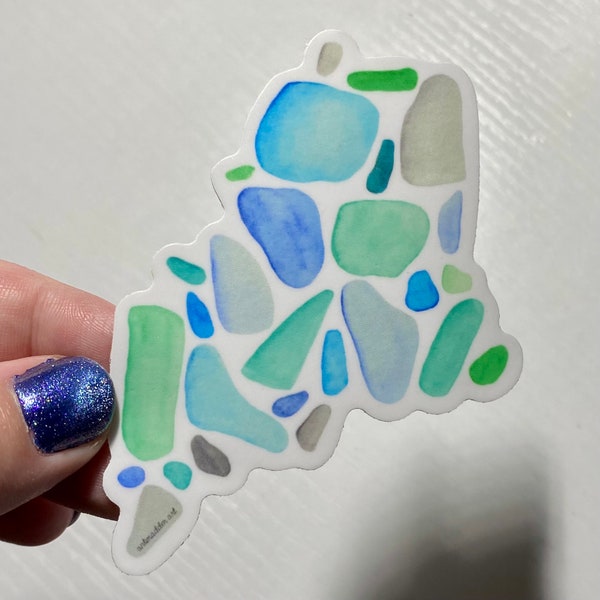 Maine State Sea Glass Sticker - Watercolor Art Printed on Waterproof & Weatherproof Vinyl Decal - For Water Bottles, Laptops, and Phones