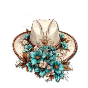 Cowgirl-Hut mit blauen Blumen Png - Ideal für T-Shirts, Landhochzeitseinladungen, Grußkarten und Wanddekoration