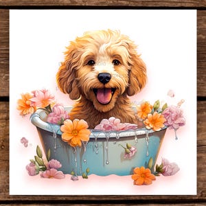 Hund Illustration PNG - Süßes Labradoodle in Wanne mit Blumen - Perfekt für Hundeliebhaber, Scrapbooking & DIY-Projekte - Einzigartiges Geschenk für Tierliebhaber