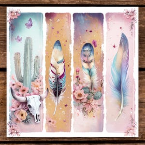 Boho Western PNG - Cactus tête de mort et plumes florales en sublimation, T-shirt Boho pastel PNG pour impression de tasse et décoration d'intérieur