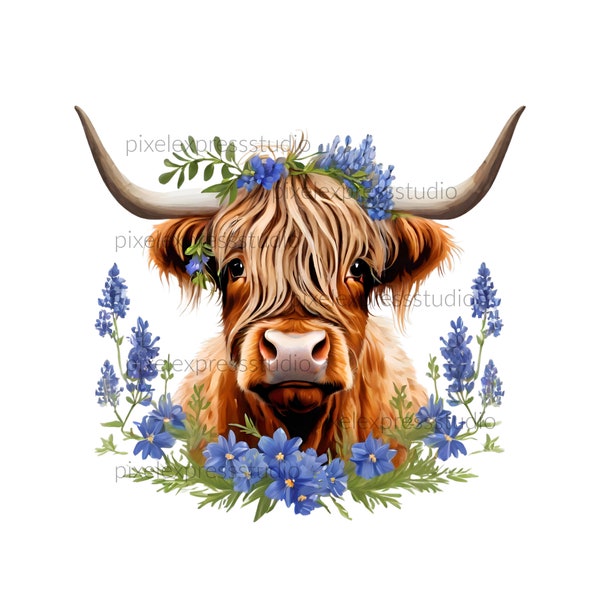 Highland Cow PNG, Watercolor Highland clipart, Highland Cow, Baby Shower Decor, Boho Animal, Highland Cow PNG, PNG Texas Bluebonnet Clipart