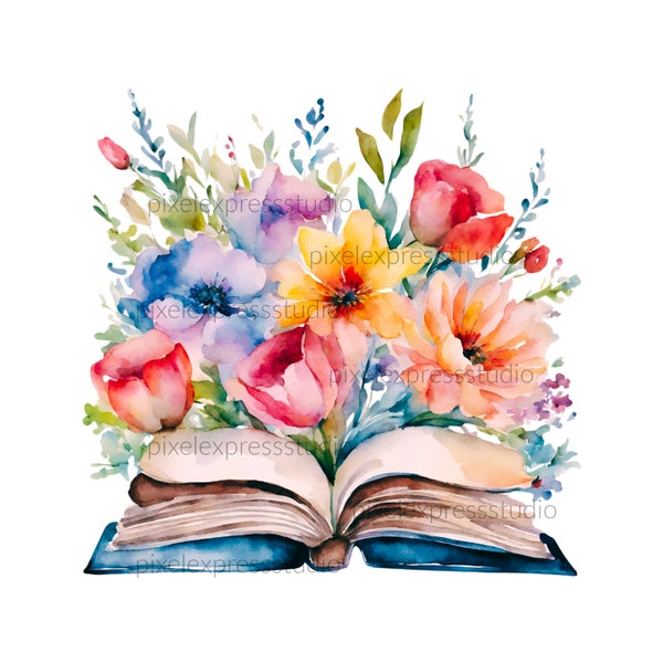 Open Book clipart, Open Book PNG, Colorful Book, Flowers on Open Book, Watercolor Book, Sublimation, Direct to Film, Digital Download