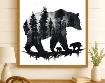 Mama Bear & Cubs PNG: Black Bear Silhouette, Wall Decor (Digital Download)