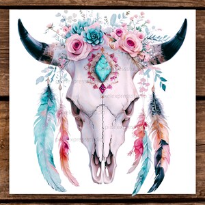 Caveira de Touro com Penas PNG | Caveira de Vaca Download para Camisetas, Decoração de Parede e Mais