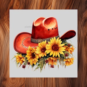 Chapeau de cow-girl rouge PNG | Décoration murale tournesol | Décoration d'intérieur rustique, style occidental, cadeau idéal pour les amateurs de cow-girls