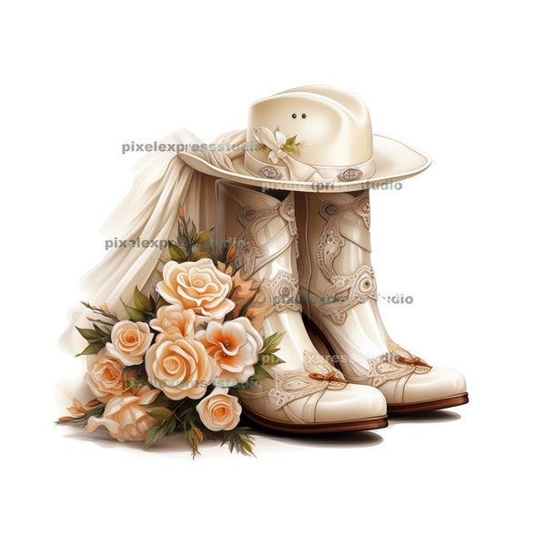 Cowgirl Boots & Roses Watercolor, Country Cowgirl Wedding Clipart PNG Commercial Use Sublimation Designs Country Girl Flowers PNG