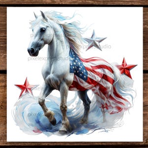 4 juillet PNG, Cadeau pour amateur de chevaux PNG pour t-shirts | Cheval patriotique prêt pour la conception, la sublimation et l'impression