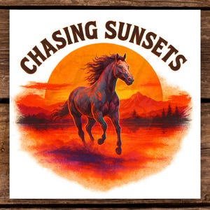 Inseguendo il tramonto, cavallo, PNG, arte digitale occidentale, mustang selvaggio, clipart, cowboy, tramonto, file di sublimazione per design di maglietta, tazza e borsa.