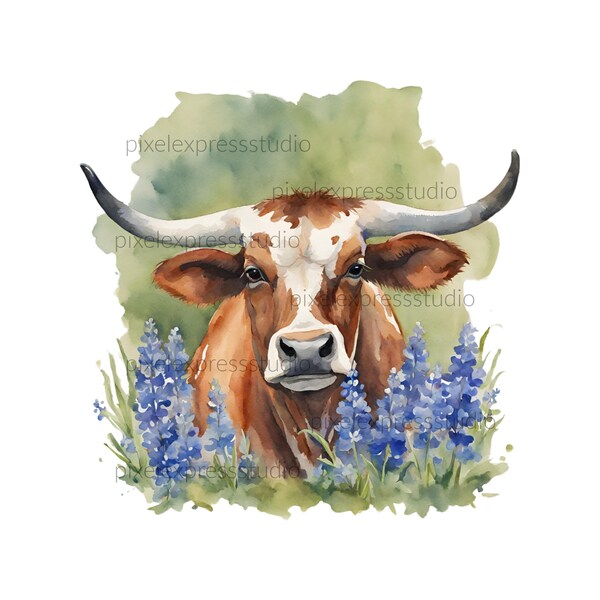 Texas Steer in Bluebonnets PNG, Watercolor Longhorn Png, Steer PNG, Texas Bluebonnet Clipart, Sublimation Designs for Shirts