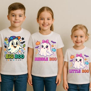 Halloween Sibling Ghost PNG Bundle – Big Boo Middle Boo Little Boo Sublimation Files – Cute Matching Kids Halloween Shirt Designs