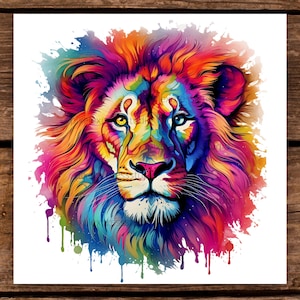 Leão colorido PNG, arquivo para fazer camisetas, impressão DTG, download instantâneo